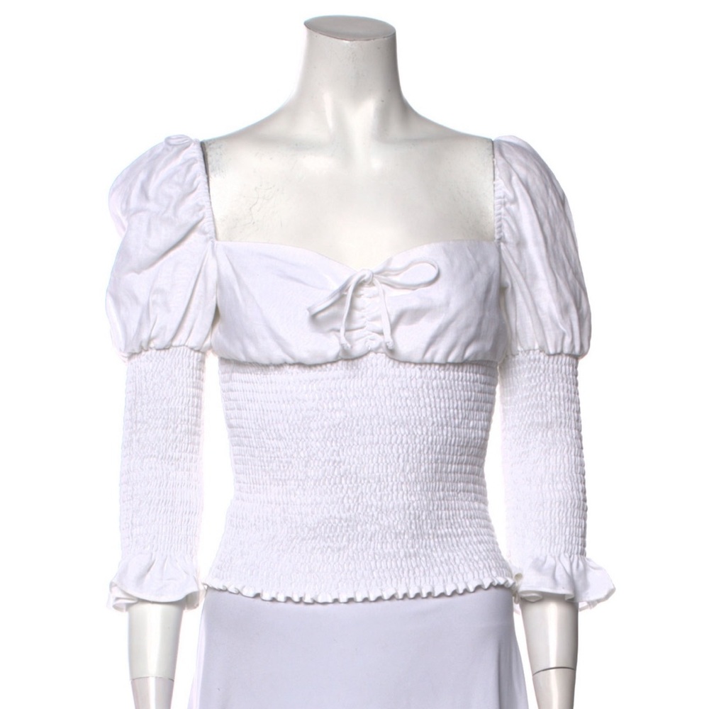 Reformation Haven Linen Smocked 3/4 Sleeve Top, White, Sz Small - Picture 3 of 6